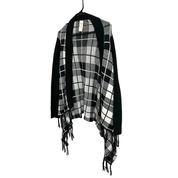 Faded Glory Black White Plaid Open Front Cardigan Wrap Sweater Sz L Fringe - Picture 3 of 8